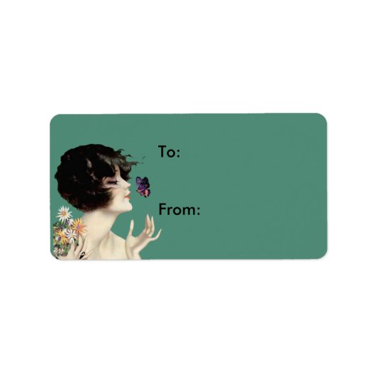  Kunst Deco Lady Butterfly  bloemen Etiket (Voorkant)