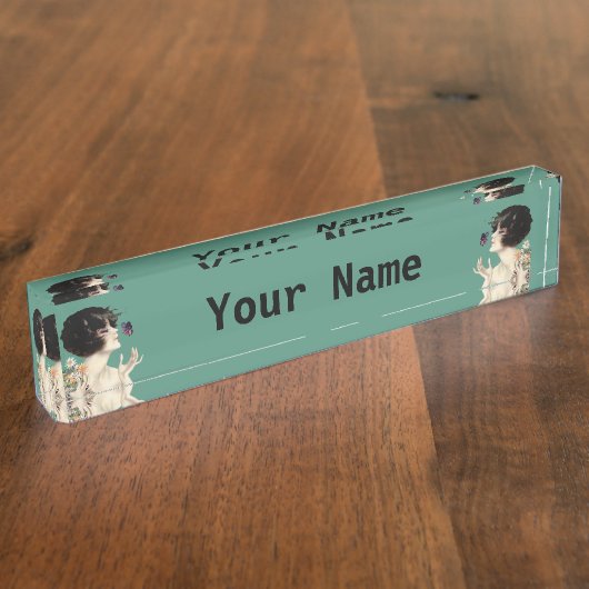 Kunst Deco Lady Butterfly bloemen Naambordje (Zijkant)