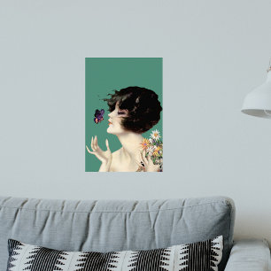 Kunst Deco Lady Butterfly bloemen Poster