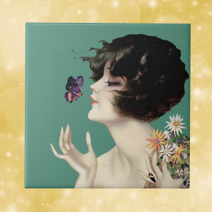 Kunst Deco Lady Butterfly bloemen Tegeltje