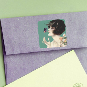  Kunst Deco Lady Butterfly  bloemen Vierkante Sticker