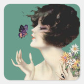 Kunst Deco Lady Butterfly bloemen Vierkante Sticker (Voorkant)