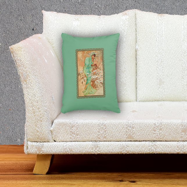  Kunst Deco Lady Green Golden Tree Accent Kussen (Fantasy lady in mint green in golden tree with snow in frame on green decorative pillow.)