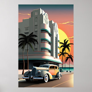 Kunst Deco Miami Beach Ocean Drive zonsondergang Poster