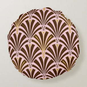 Kunst Deco ventilatorpatroon - chocolade op roze Rond Kussen