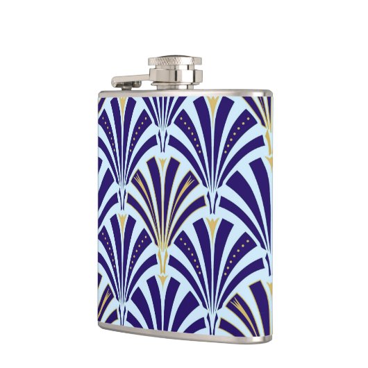 Kunst Deco-ventilatorpatroon - kobalt en hemelblau Heupfles (Links)