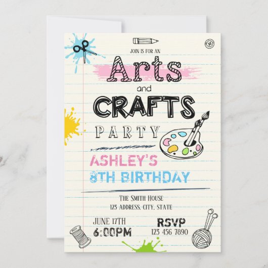 Kunst en ambacht verjaardagsfeestje uitnodiging (Voorkant)