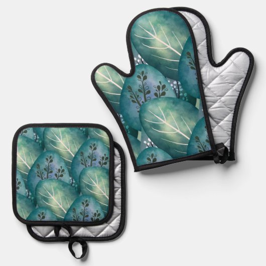 Kunst Groene bladeren patroon Ovenwant & Pannenlap Set (Voorkant / Achterkant)