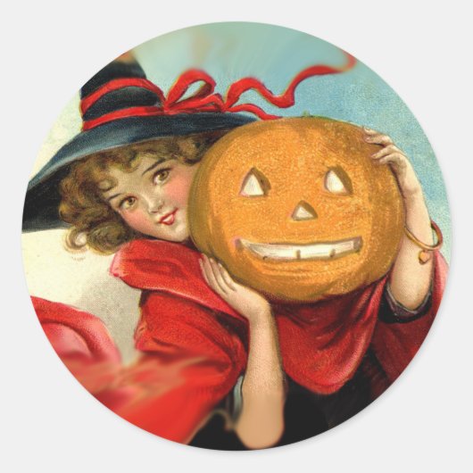 kunst heks en pompoen - Halloween geschenken Ronde Sticker (Voorkant)