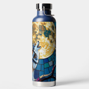 Kunst in mozaïekstijl van wolf en uil waterfles