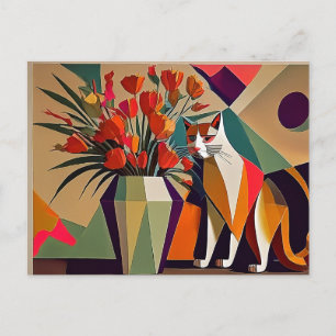 Kunst kat met bloemen briefkaart