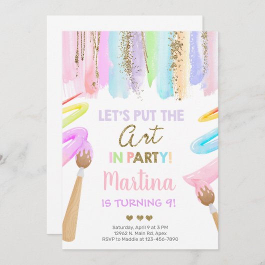 Kunst meisje verjaardagsuitnodiging, kunstfeest ui kaart (Voorkant / Achterkant)