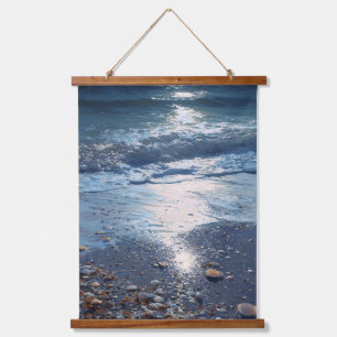 Kunst met maanverlichte blauwe oceaangolfreflectie hangend wandkleed