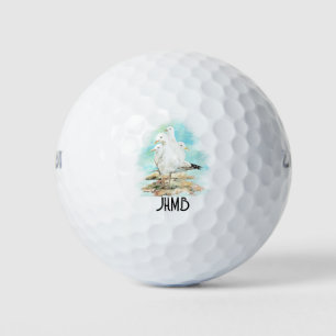 Kunst met monogram van meeuwen vogel strand dier golfballen