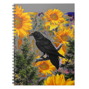 kunst met zwarte kraai & zonnebloemen notitieboek