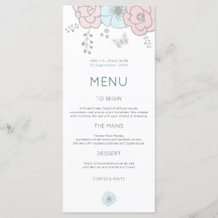 Kunst Moderne Bloemen Vlinder Roze Blauw Bruiloft Menu