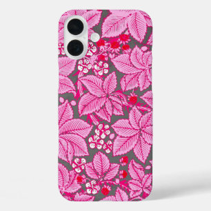 Kunst Nieuwe aardbeien en bladeren, roze en grijs iPhone 16 Plus Hoesje