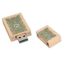  Kunst Nieuwe Blauwgroen Peacock Monogram Houten USB Stick