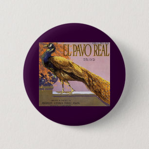 Kunst op oude fruitkratlabel El Pavo Pauw Vogel Ronde Button 5,7 Cm