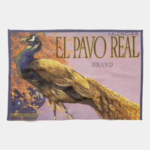 Kunst op oude fruitkratlabel El Pavo Pauw Vogel Theedoek