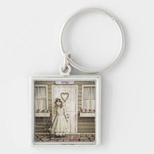Kunst van een vintage cottage-meisje in shabby chi sleutelhanger