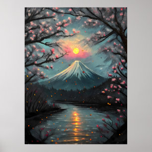 Kunst van Fuji Zonsondergang Kersenbloesem Berg Poster