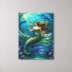 Kunst van Glas-in-Lood Zeemeermin Canvas Afdruk