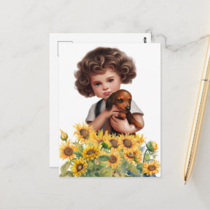Kunst van jongetje met dachshond op ansichtkaart briefkaart