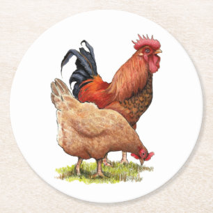 Kunst van kip en haan, Pluimvee, Boerderijdieren Ronde Kartonnen Onderzetter