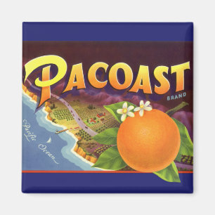 Kunst van oude fruitkratlabel, Pacoast Sinaasappel Magneet