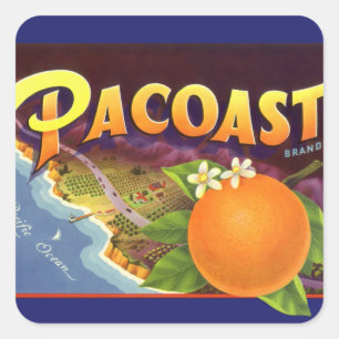 Kunst van oude fruitkratlabel, Pacoast Sinaasappel Vierkante Sticker