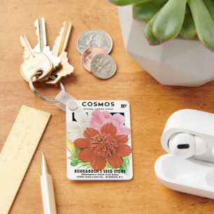 Kunst van oude zaadpakketten, Cosmos-tuinbloemen Sleutelhanger