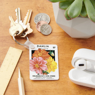 Kunst van oude zaadpakketten, Dahlia-tuinbloemen Sleutelhanger