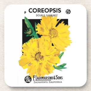 Kunst van oude zaadpakketten, gele Coreopsis-bloem Bier Onderzetter