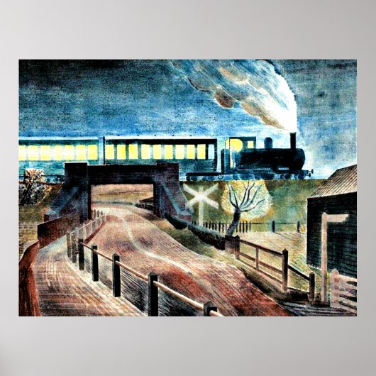 Kunst van Ravilious, Trein rijdt 's nachts over br Poster (Voorkant)