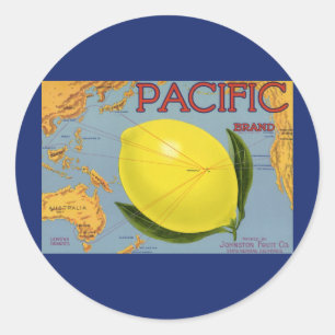 Kunst van vintage fruitkratlabel Pacific Citroen Ronde Sticker
