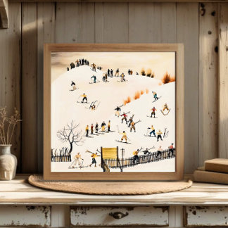 Kunst van vintage skiërs, winterlandschapschilderi poster