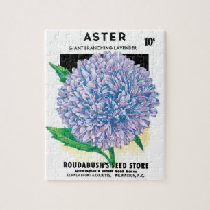 Kunst van vintage zaadpakket, paarse Aster bloemen Legpuzzel