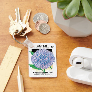 Kunst van vintage zaadpakket, paarse Aster bloemen Sleutelhanger