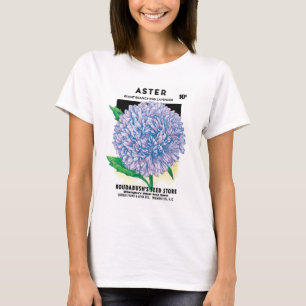 Kunst van vintage zaadpakket, paarse asterbloemen t-shirt