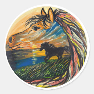 Kunst van Wild Horse Sunset - Handgemaakte kunst Ronde Sticker
