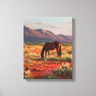 Kunst van wilde paarden in bloeiende woestijnzonso canvas afdruk