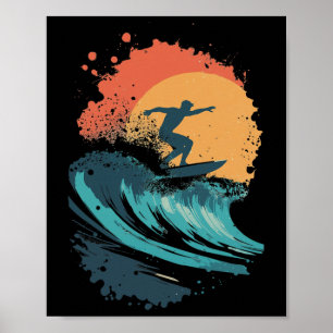 Kunst van zonsondergang surfen golf, Retro strand Poster
