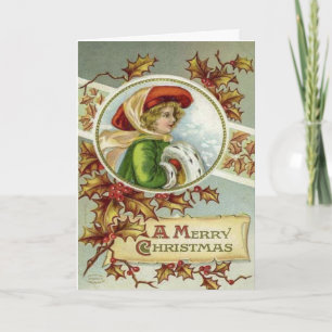 kunst Victoriaans meisje kerstscène Feestdagen Kaart