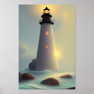 Kunst voor vuurtoren op zee poster