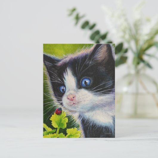 Kunst voor Waterverf van Tuxedo Kitten en Ladybug Briefkaart (Staand voorkant)