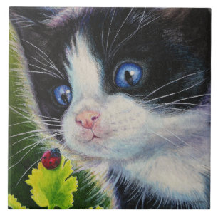 Kunst voor Waterverf van Tuxedo Kitten en Ladybug Tegeltje
