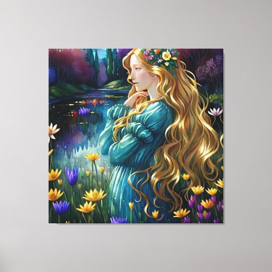 *~ Kunst Vrouw Waterval Vijver Wilde Bloemen AP56 Canvas Afdruk (Voorkant)