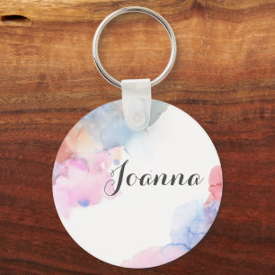 Kunstblauw en roze Waterverf Sleutelhanger