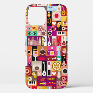 Kunstcollage, muzikale illustratie. Patchwo iPhone 12 Hoesje